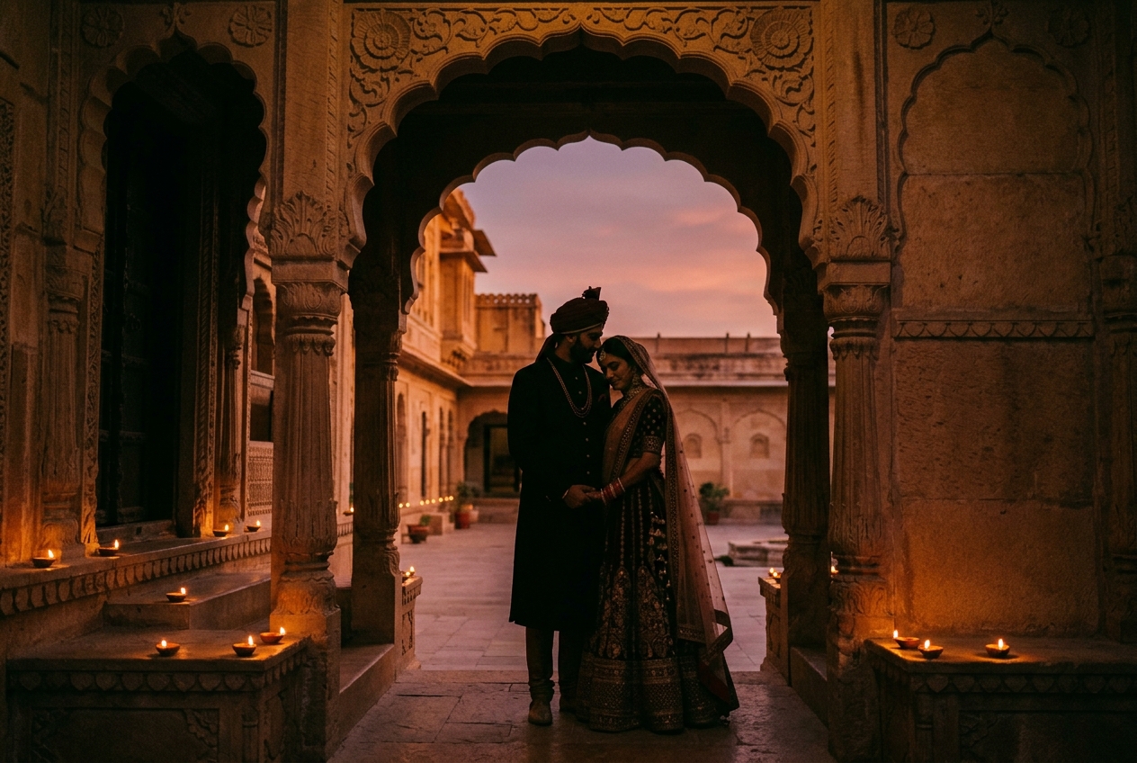Fictional Indian couple silhouetted within a regal sandstone palace jharokha at dusk with warm lantern glow