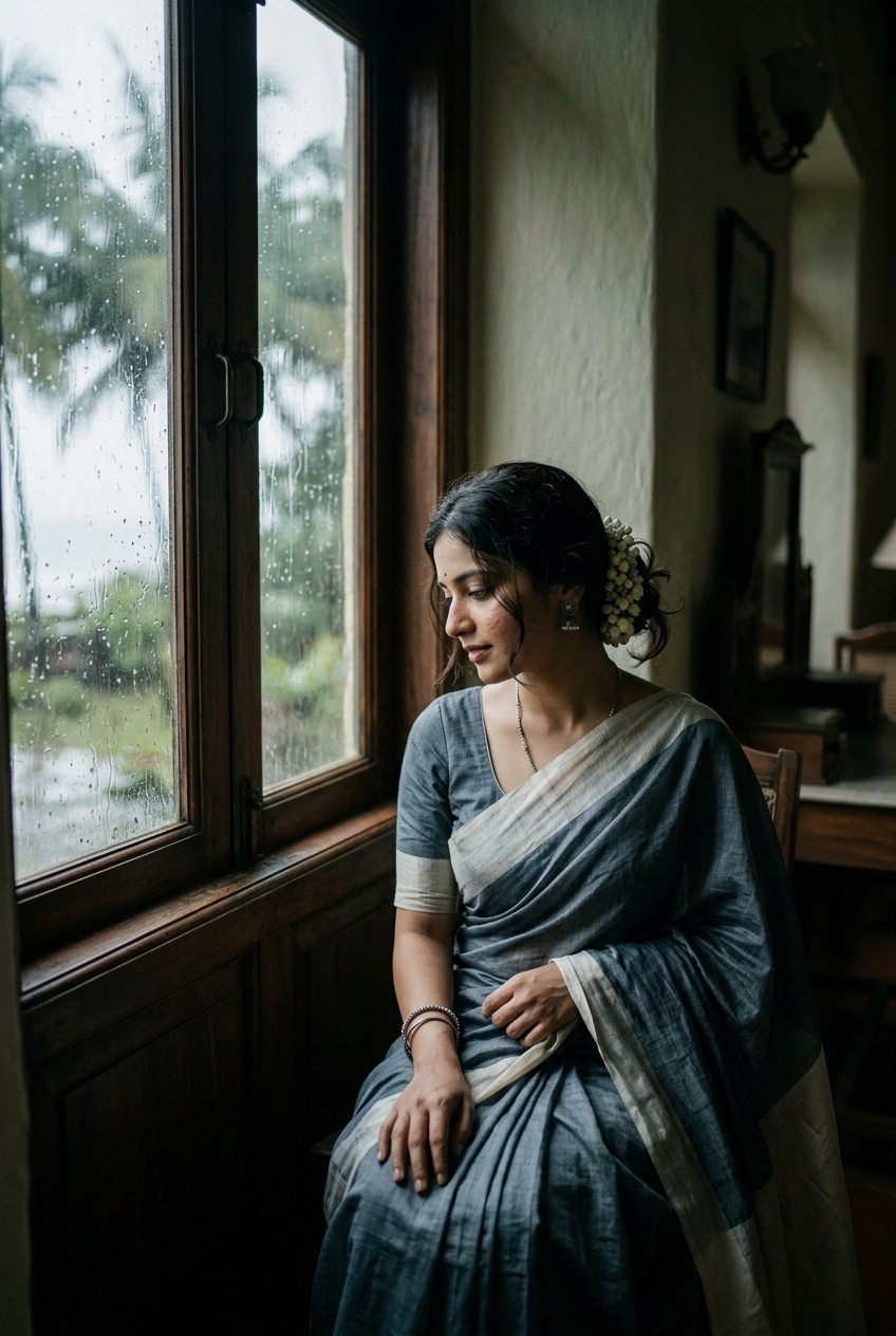 Bride seated by teak wooden window in soft rain light wearing understated handloom sari
