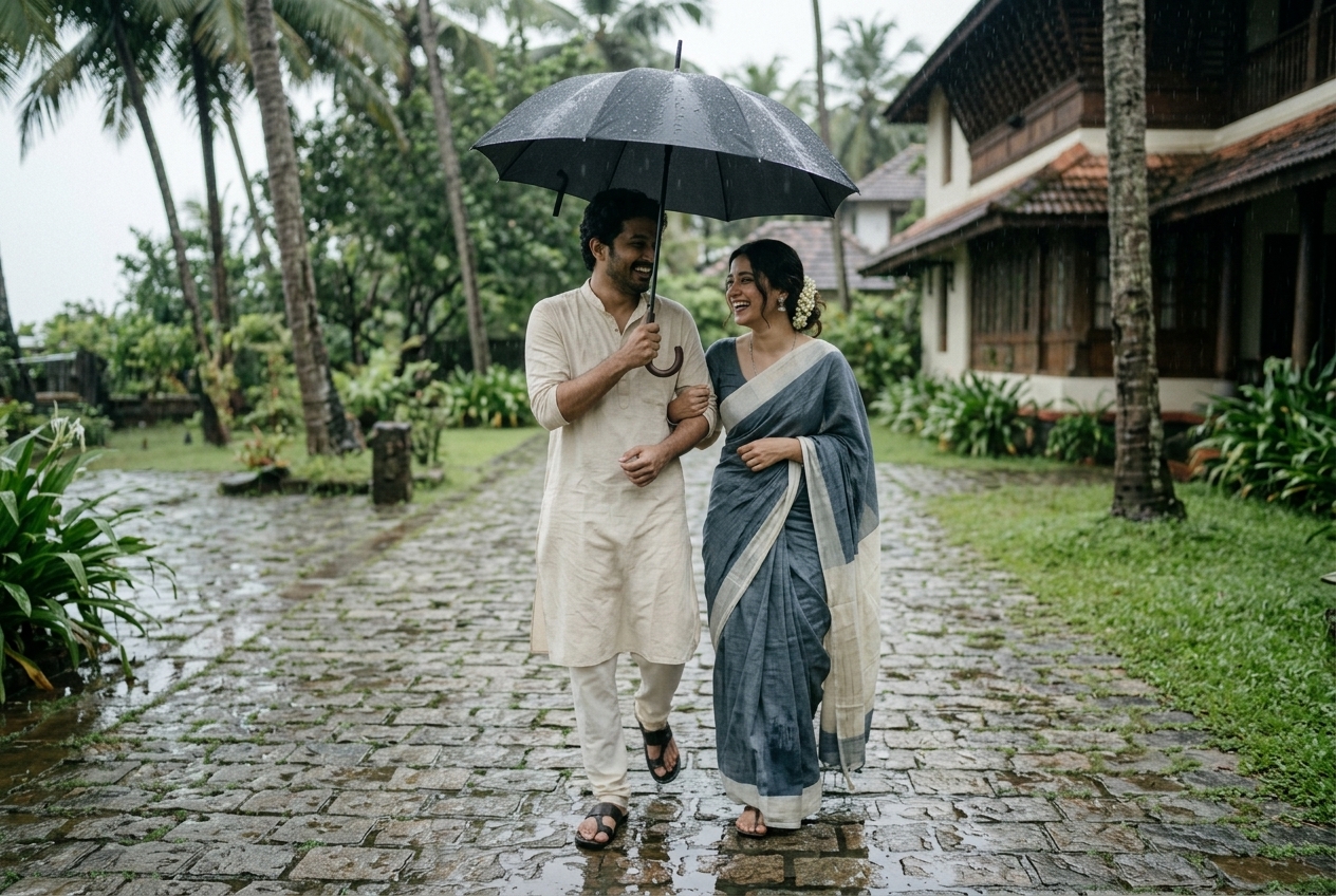 Couple walking under a large vintage black umbrella along wet stone pathway