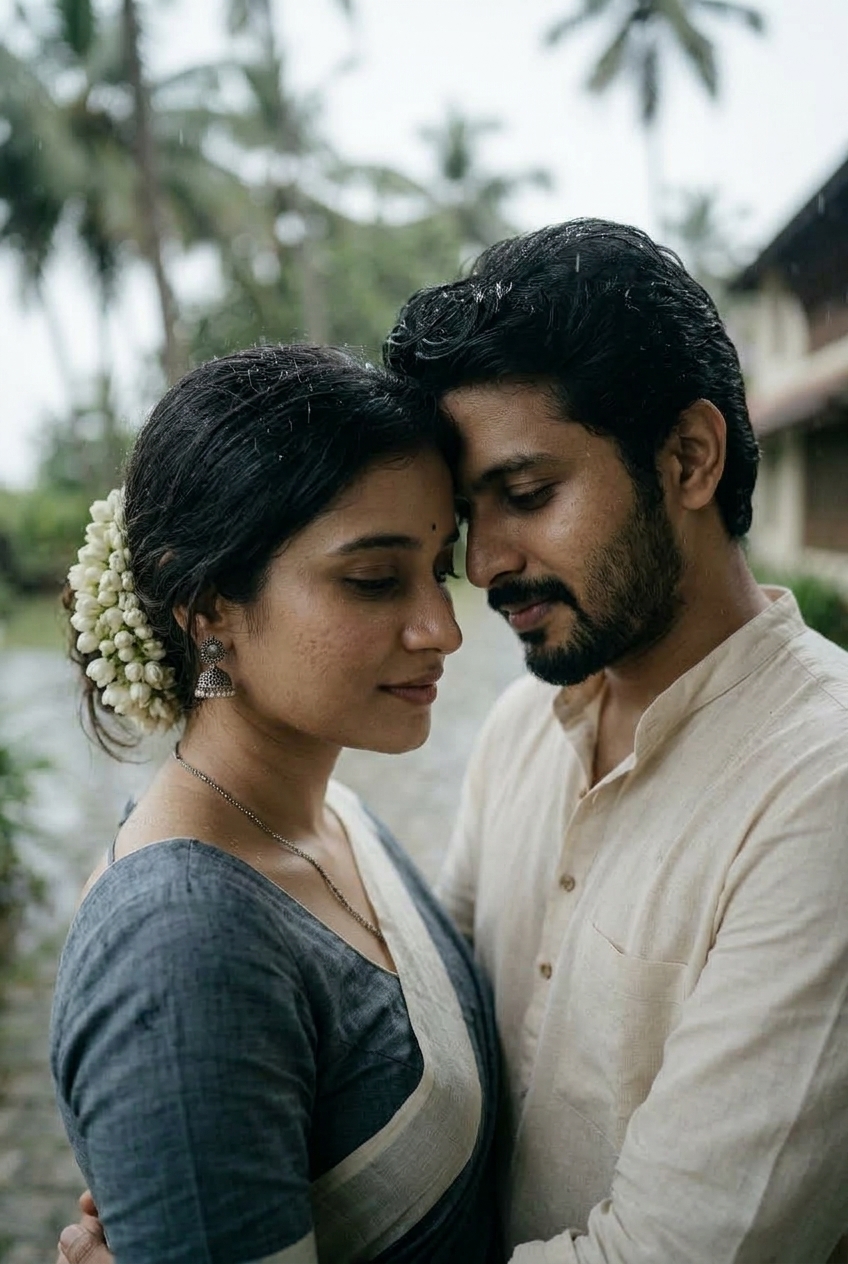 Close editorial portrait of the couple with water droplets on hair and forehead