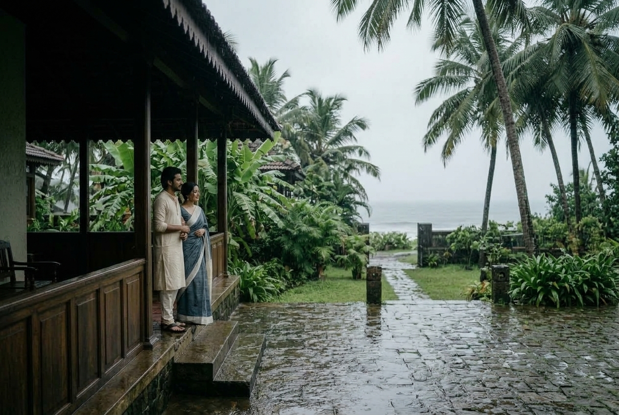 Wide environmental photograph of intimate 20-person ceremony under covered colonial veranda
