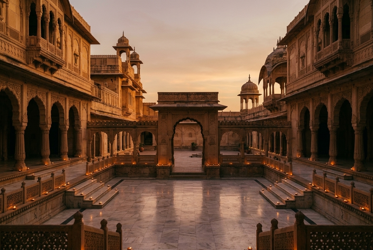 Wide architectural establishing shot of a Rajasthan heritage palace at twilight with glowing sandstone facades