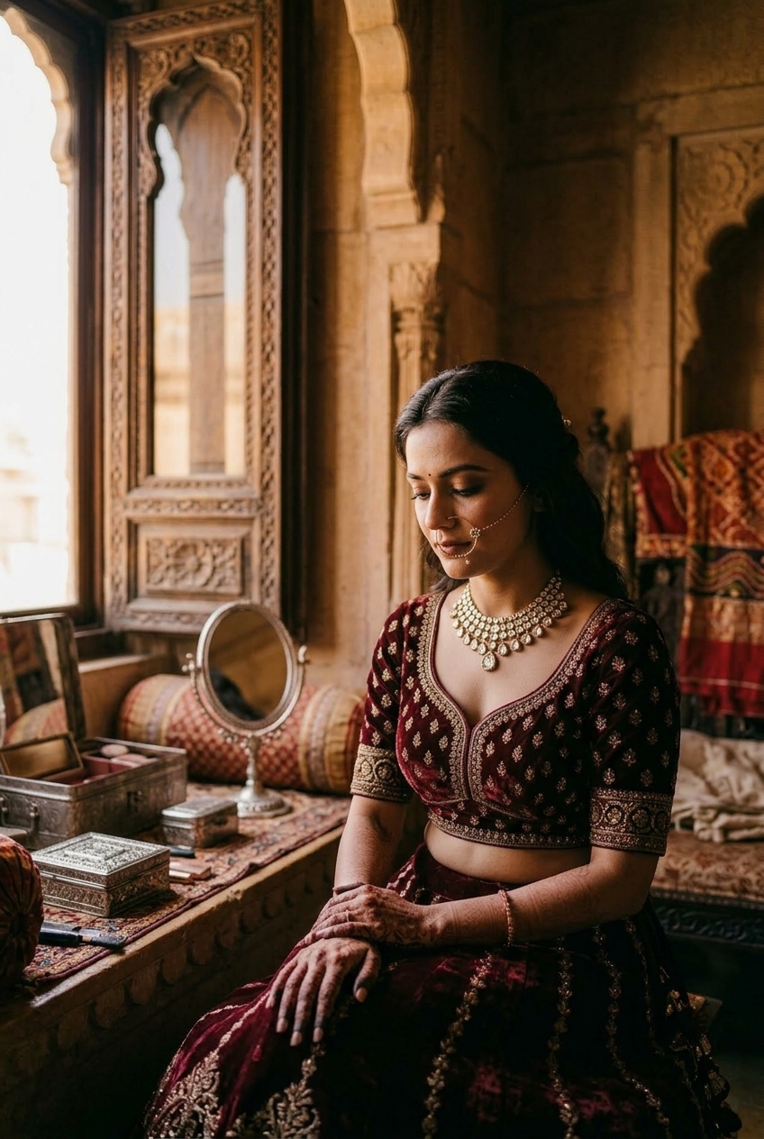 Bride in deep maroon velvet lehenga and heirloom polki necklace by a softly lit courtyard window