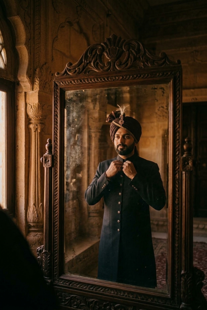 Groom fastening an ivory sherwani collar in a mirror reflection with soft side lighting