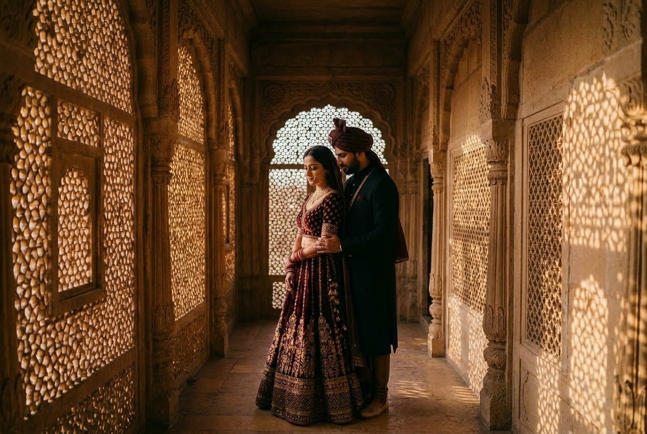 Couple standing together under towering stone arches framed by dramatic architectural shadows