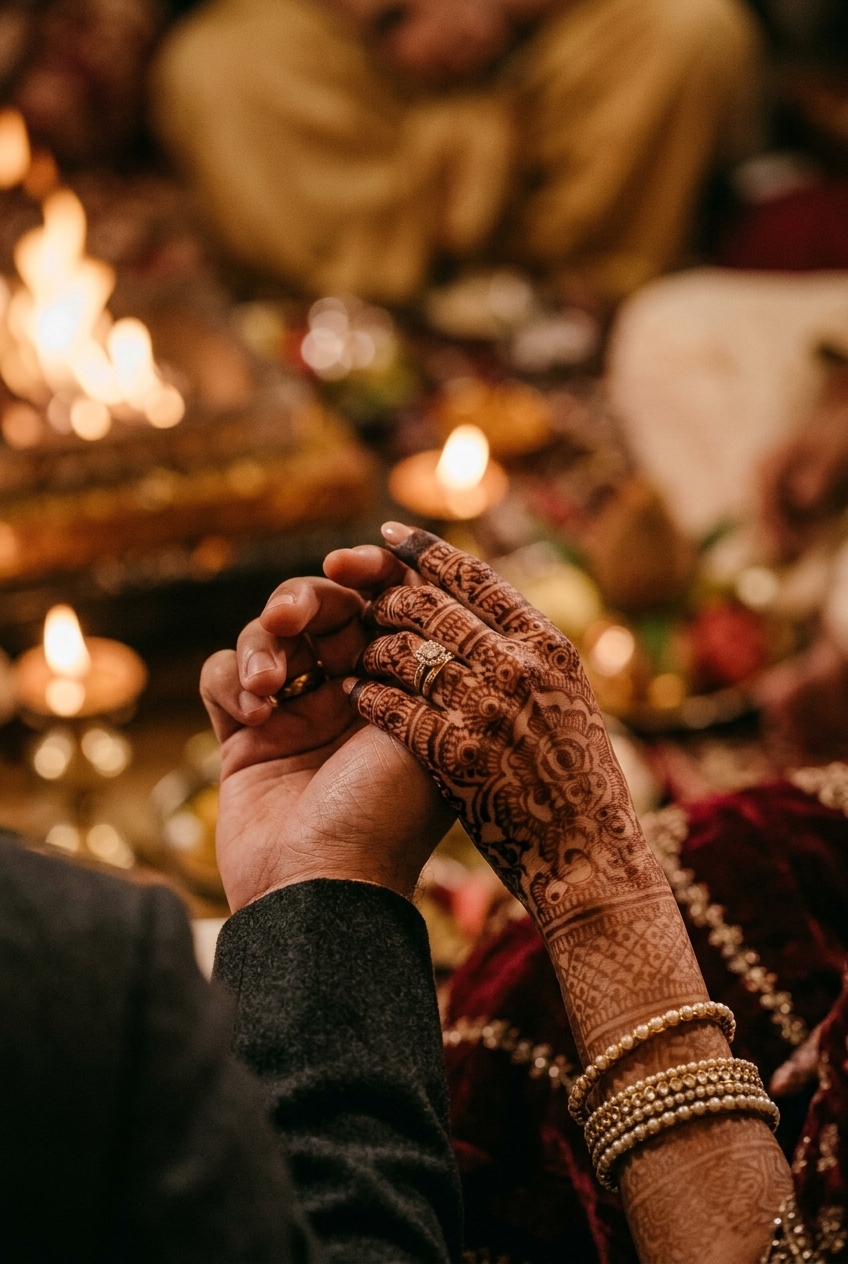 Macro detail of couple holding hands during the phere, showing intricate henna and gold ring