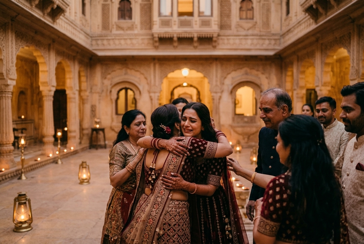 Spontaneous emotional embrace between bride's mother and the newlyweds