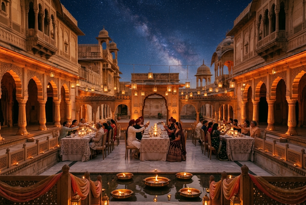Courtyard banquet illuminated by hundreds of floating oil diyas and string lights