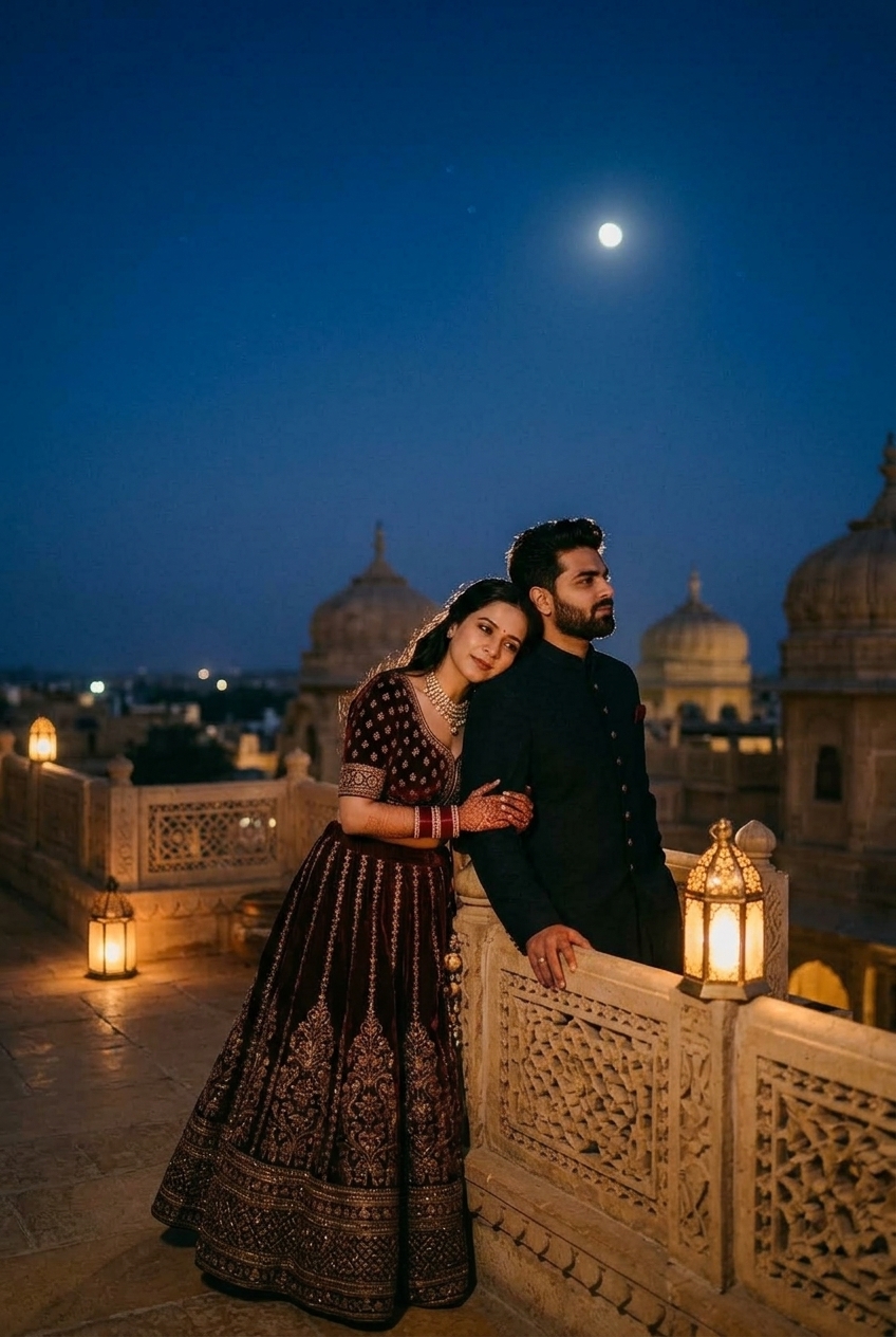 Closing intimate portrait of the couple leaning against palace balustrade in deep midnight blue light