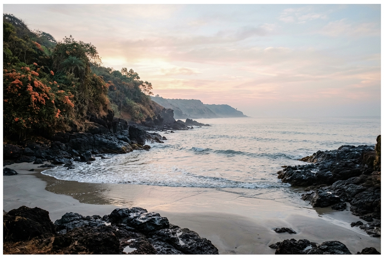 Barefoot ceremony on secluded beach with bamboo mandap and ocean background
