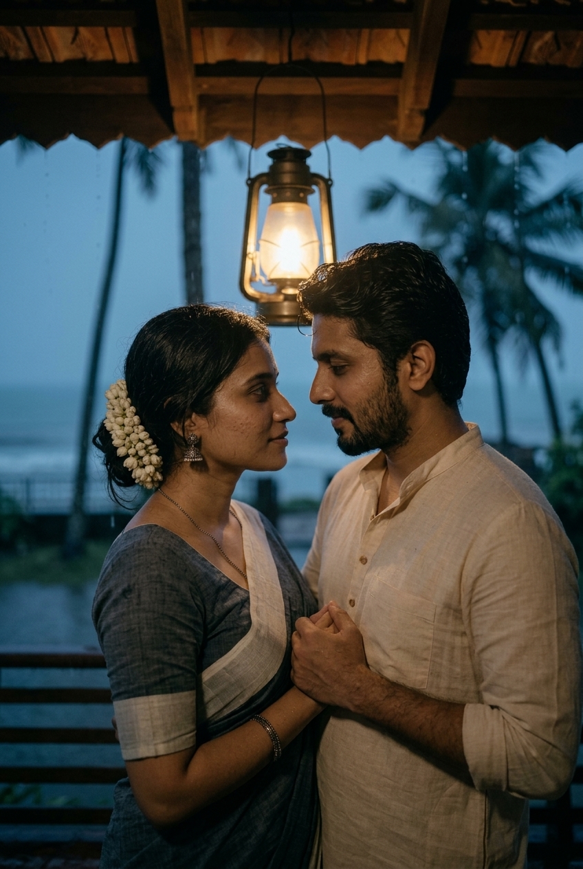 Editorial sunset couple portrait against glowing crimson-gold sky